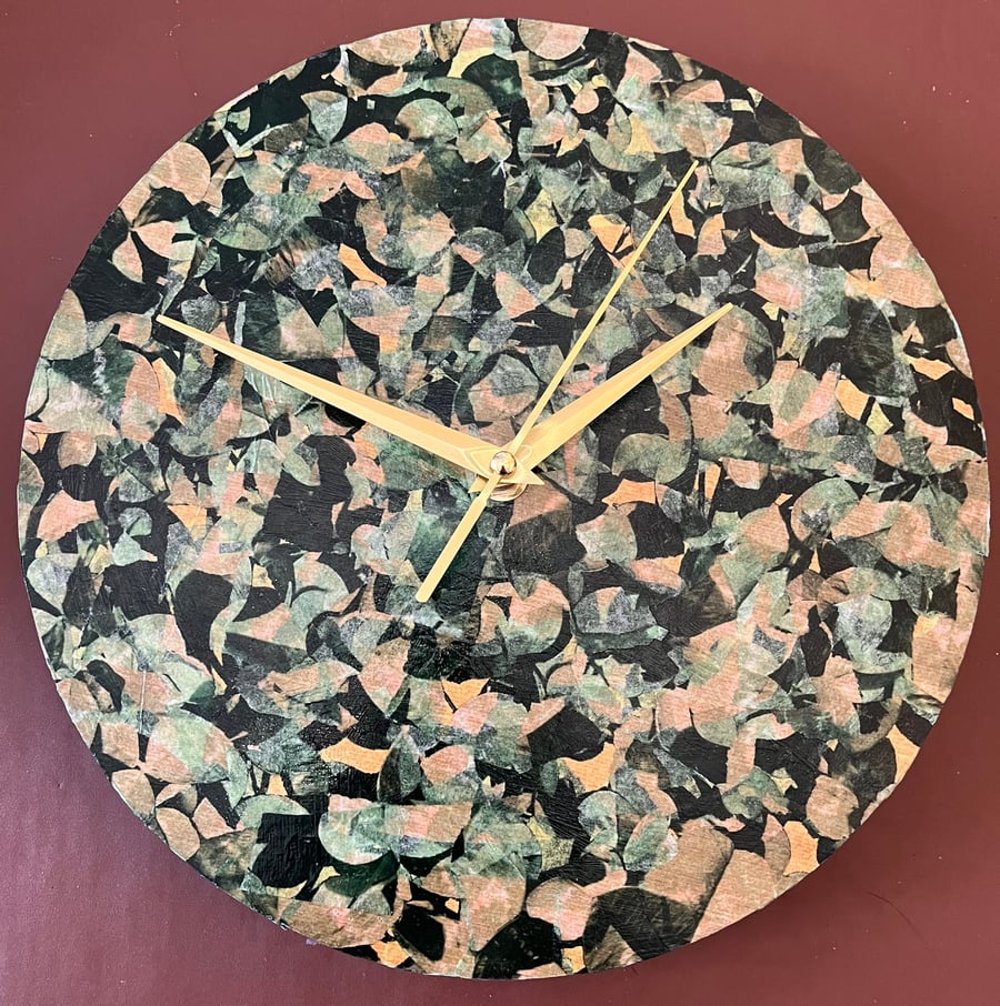 Decoupage Clock - green leaf style pattern