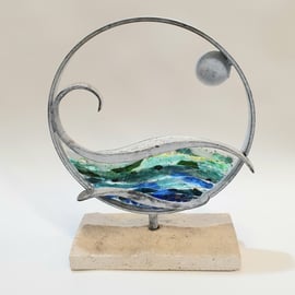 Time and Tide Sculpture - Steel Metal and Glass Art - Contemporary Design