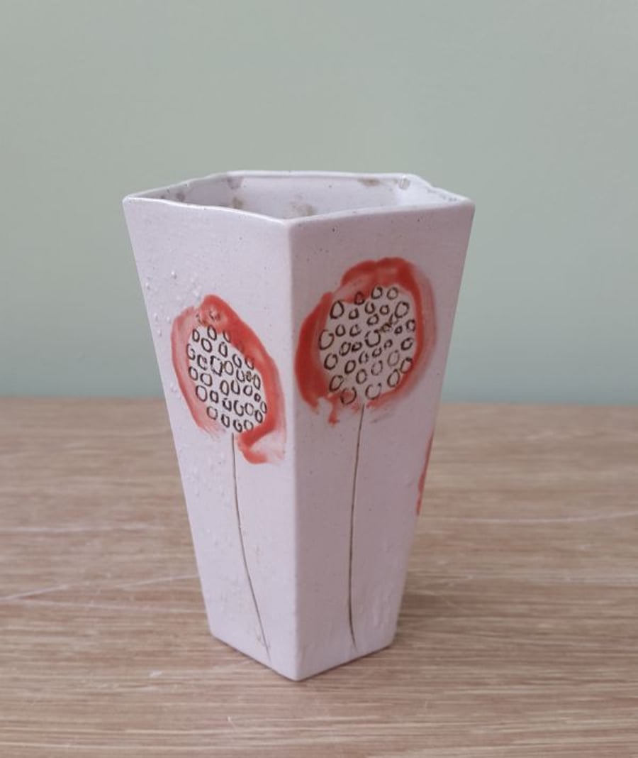 Red Dandelions Pentagonal Ceramic Vase