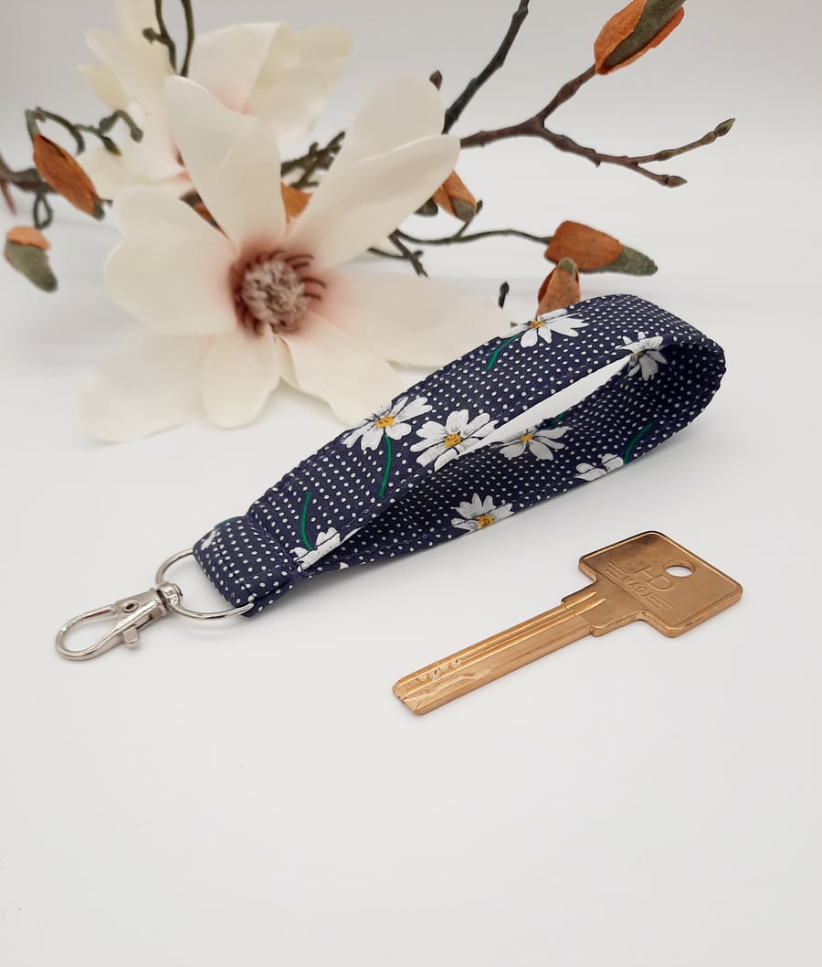 Wristlet keyfob, bag charm in daisy navy polkadot.  