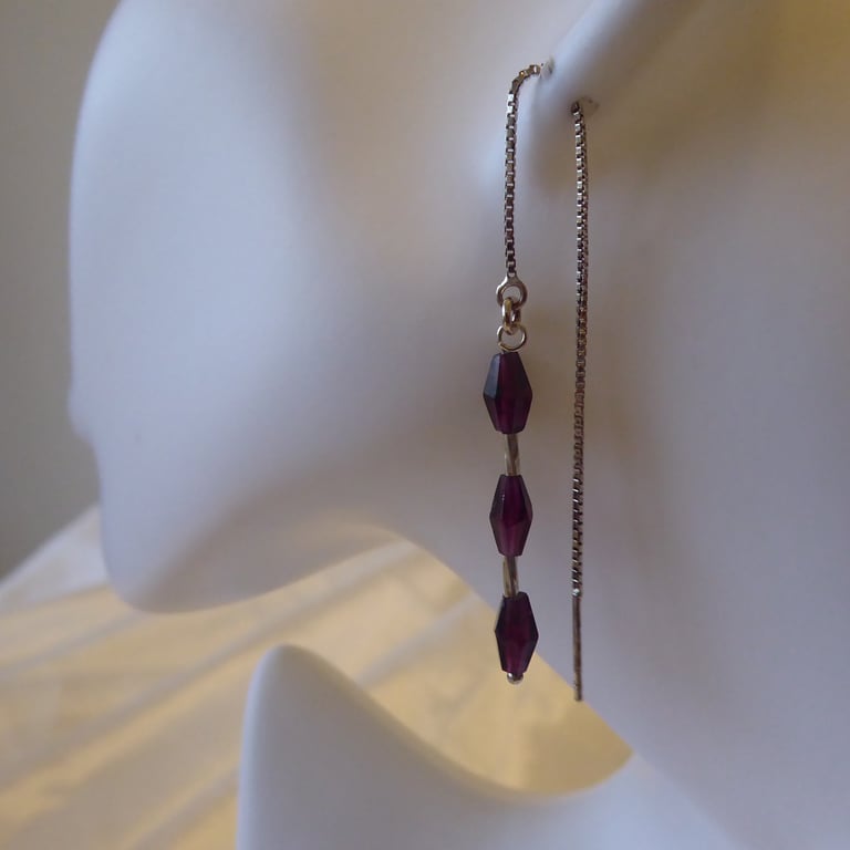 Rhodolite Garnet, Sterling Silver Threader Earrings Capricorn January Birthstone