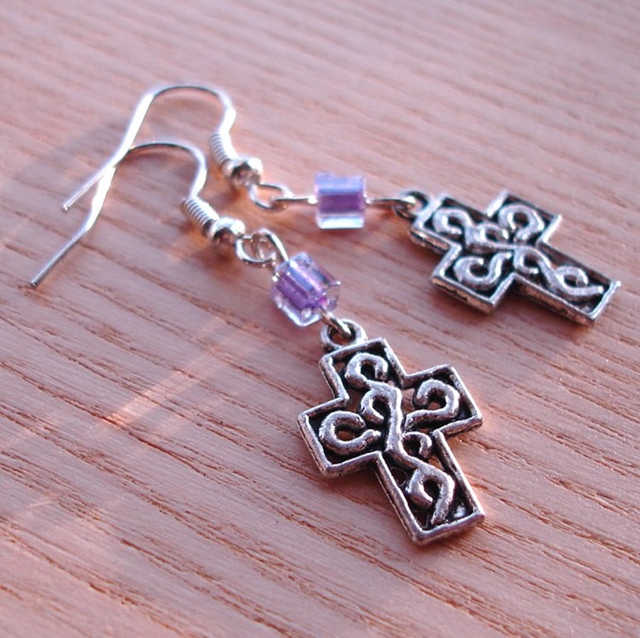 Cross Charm Earrings with Purple Bead