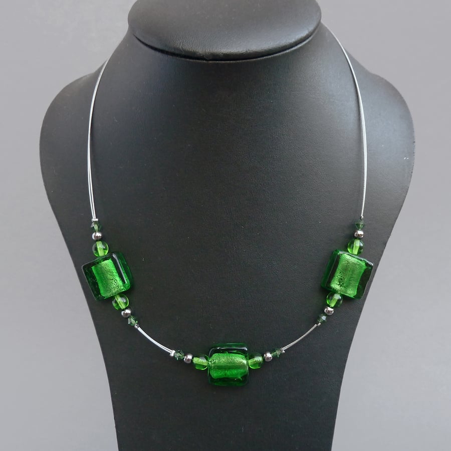 Green Fused Glass Necklace - Emerald Beaded Necklace - Glass Jewellery
