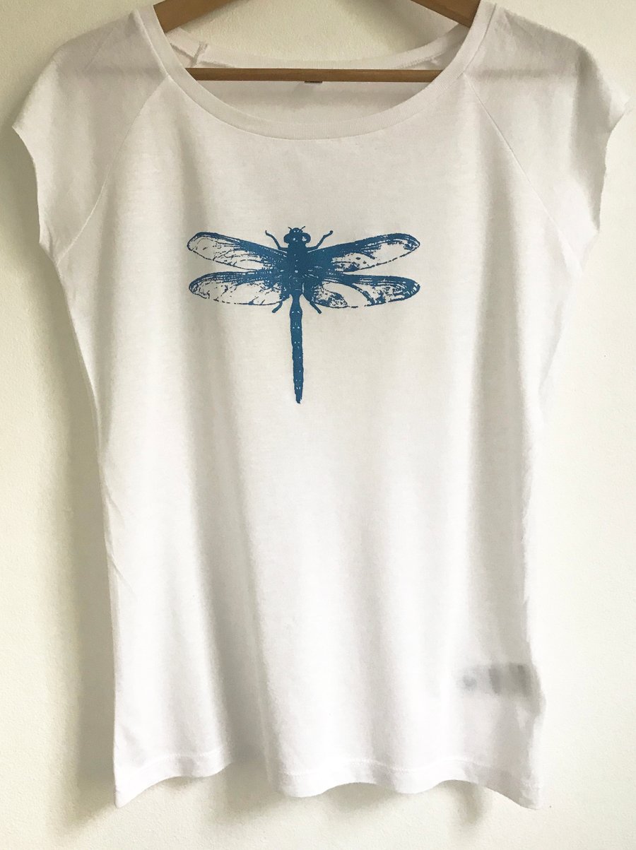  Dragonfly Women's white bamboo T shirt metallic blue print 