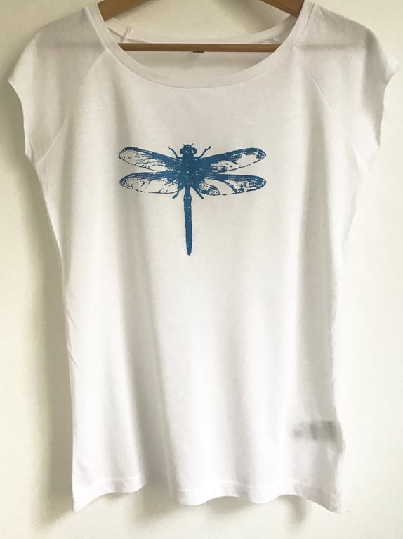  Dragonfly Women's white bamboo T shirt metallic blue print 