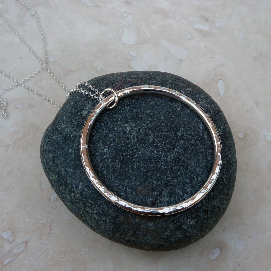Sterling Silver Long Hammered Ring Necklace Pendant - PEN030