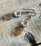 Amber Czech Glass Leaf Earrings with Rustic Cream Flowers and Antiqued Brass - Image 4