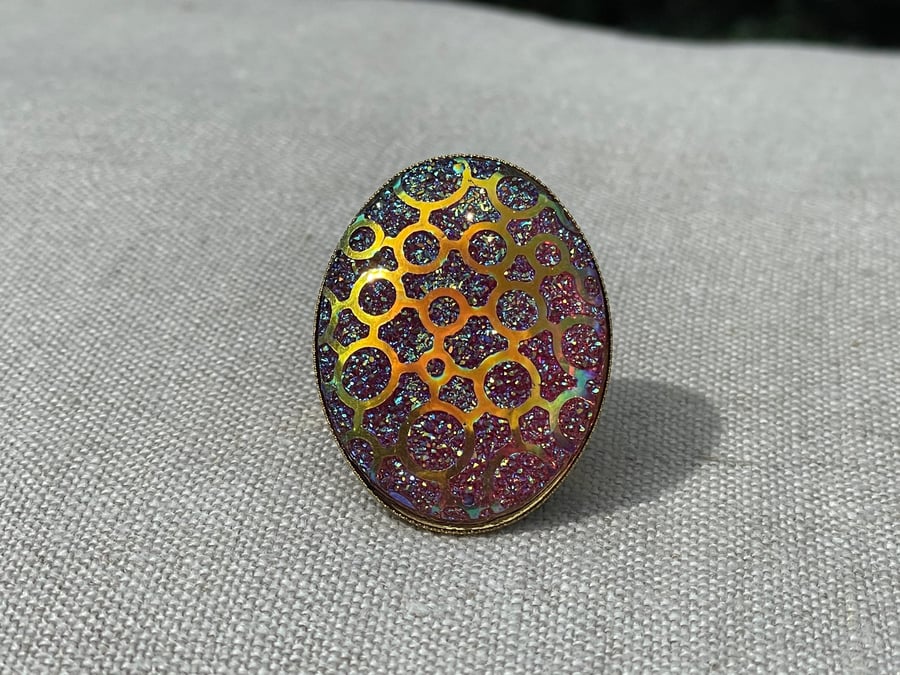 Image of Hot pink glitter gold pattern ring extra large 30x40mm