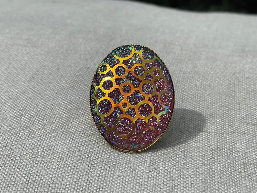 Hot pink glitter gold pattern ring extra large 30x40mm
