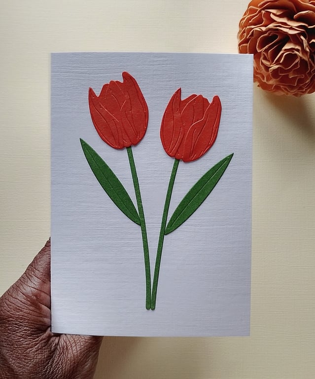 Burnt Orange Paper Tulip - Flower Shop Moments, Blank Handmade Floral Card 