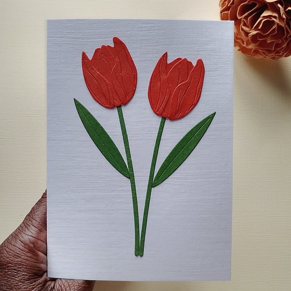 Burnt Orange Paper Tulip - Flower Shop Moments, Blank Handmade Floral Card 