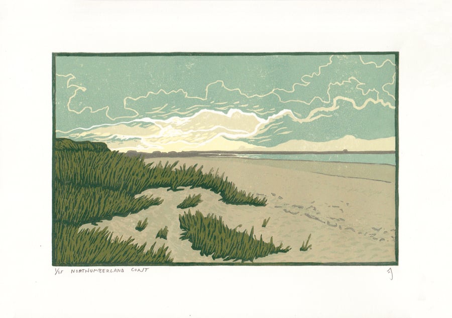 Linocut Print, Northumberland Coast, Handmade Landscape Beach Wall Art