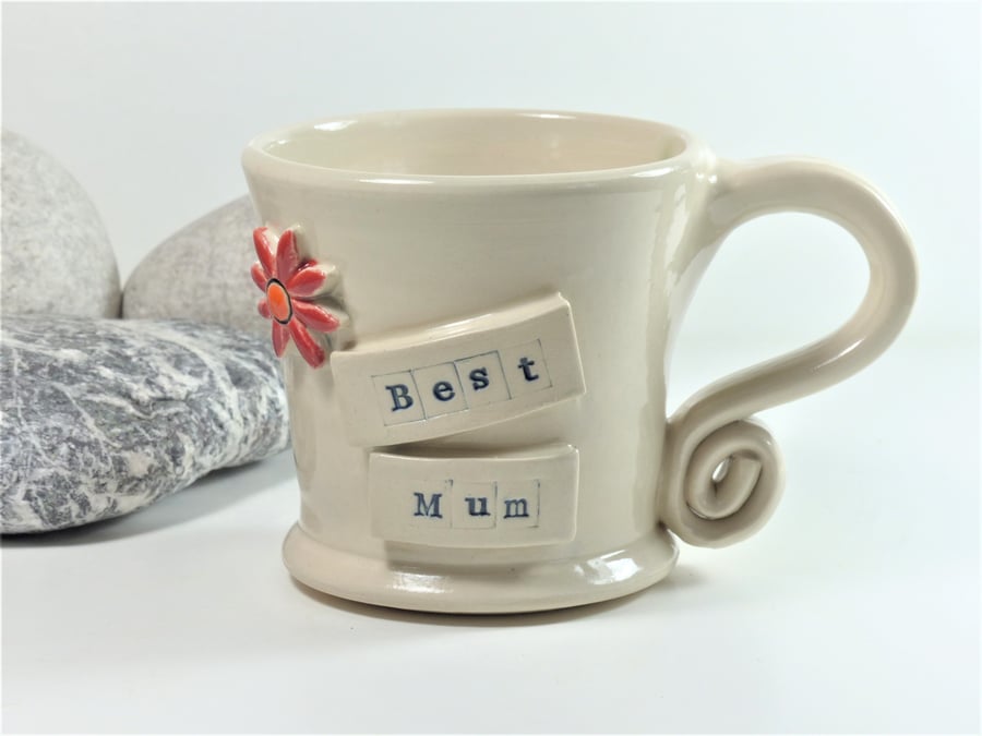 Best Mum Mug White Stoneware, Pottery, Wheelthrown, Handmade, Flower