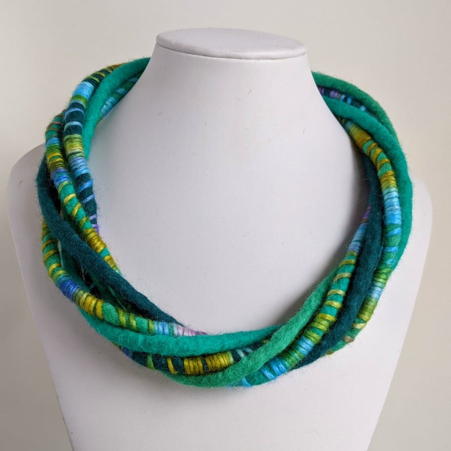 The Wrapped Twist: felted cord necklace in jade, dark green and mint