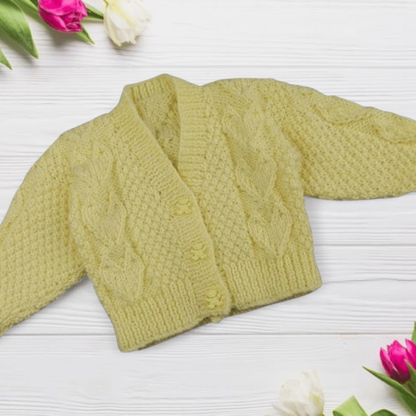 Lemon Baby Cardigan Hand Knitted 0-3 Months, Gender Neutral Heart Design