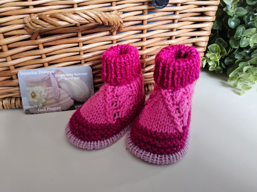 Designer Baby Girl's Hand Knitted Cable Booties 0-3 months size 