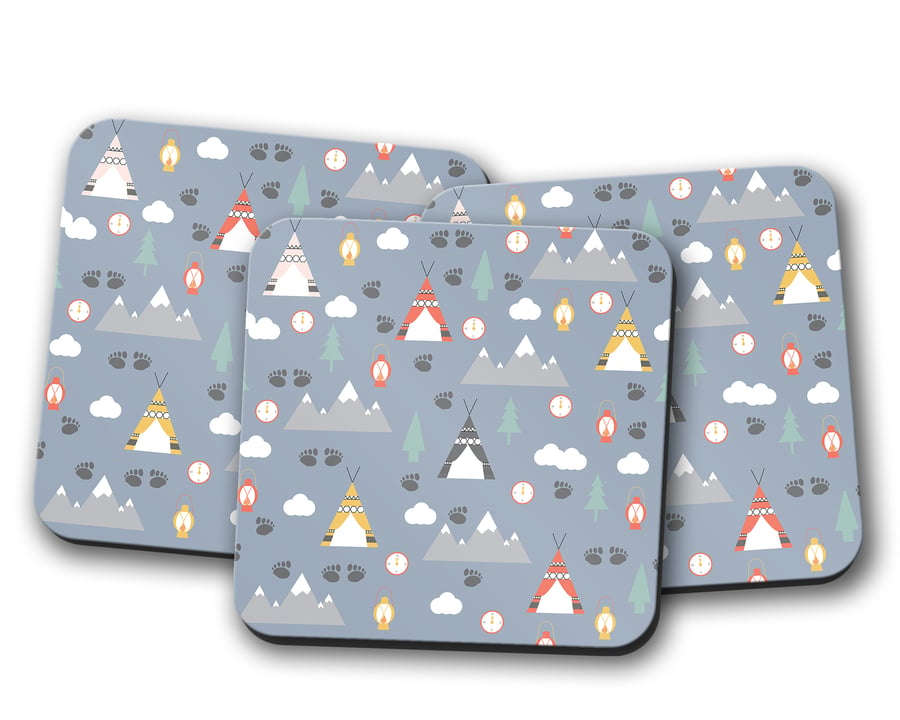Set of 4 Light Blue Camping Theme Design Coasters