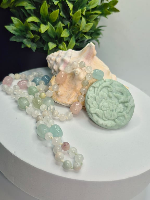 Knotted Beryl Necklace with Carved Calcite Hummingbird Pendant