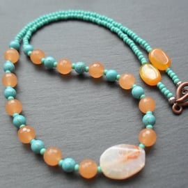 Orange Agate and Turquoise Coloured Stone Beaded Necklace  