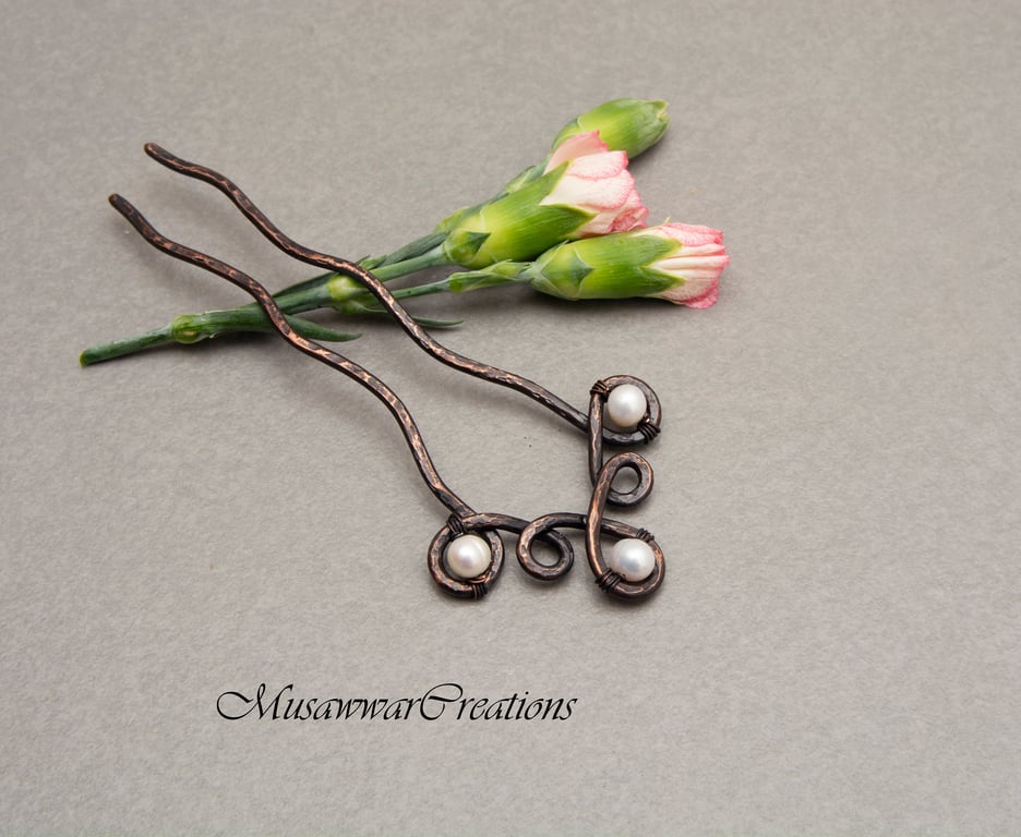 Antique Copper Hair Fork with White Pearls – Celtic Hair Bun prong, Handmade 