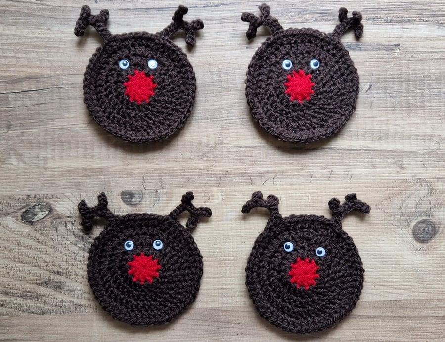 Reindeer Coasters, Handmade Crochet Christmas Coasters - Set of 4