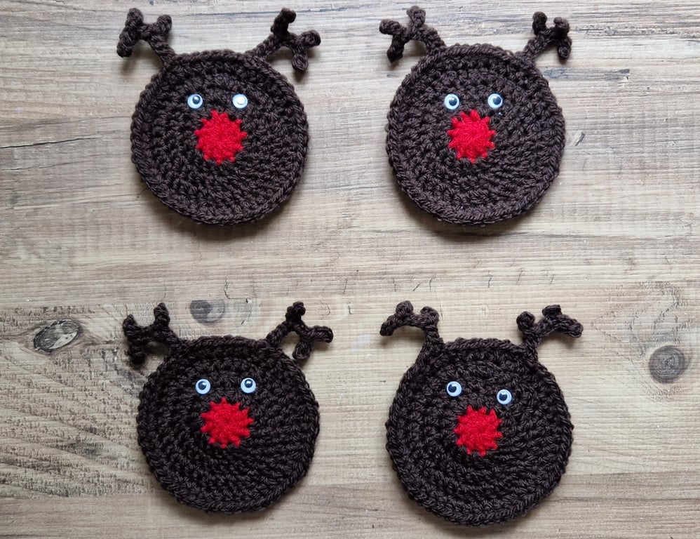 Reindeer Coasters, Handmade Crochet Christmas Coasters - Set of 4