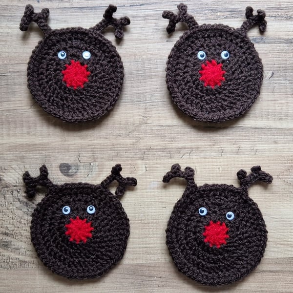 Reindeer Coasters, Handmade Crochet Christmas Coasters - Set of 4