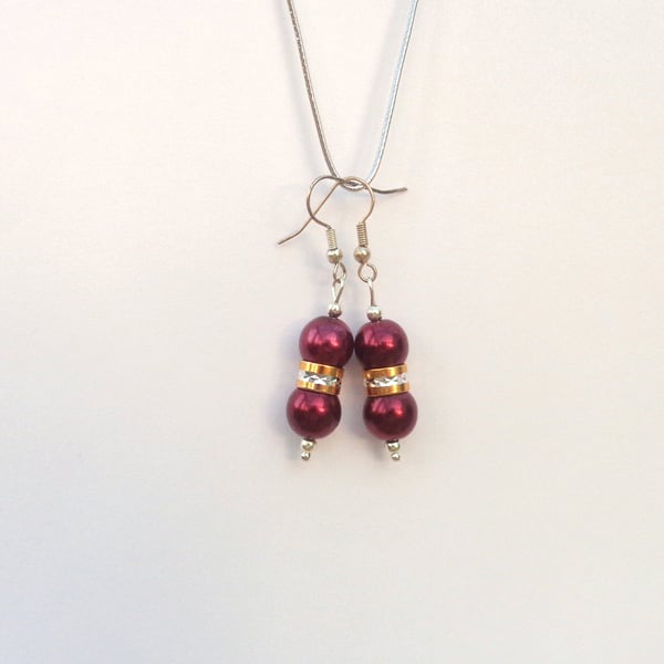 Earrings Dark red glass pearls with gold & silver trim