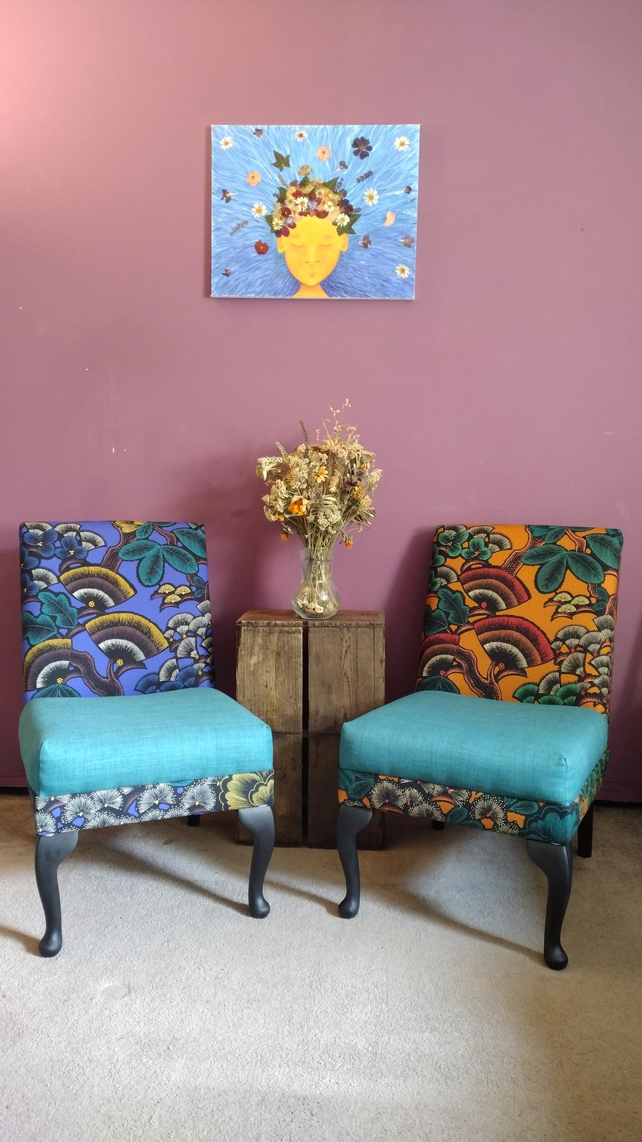 Quirky pair of reupholstered accent chairs