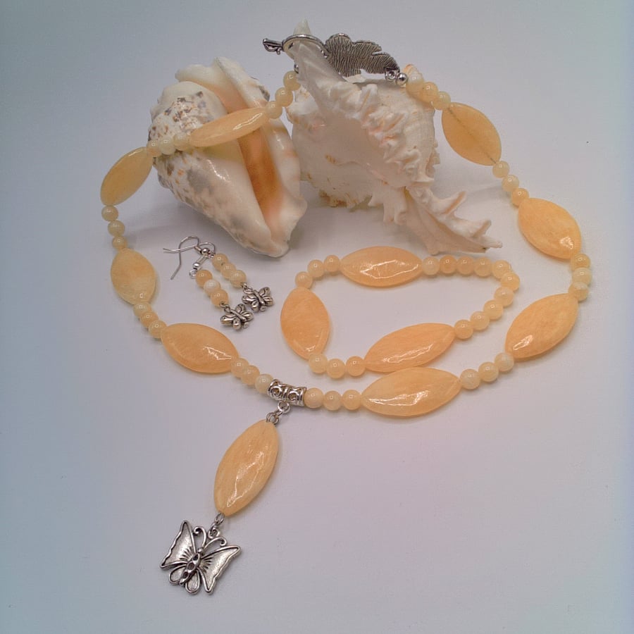  Lemon Jade Necklace with Butterfly Pendant Bracelet and Earrings, Gift for Her