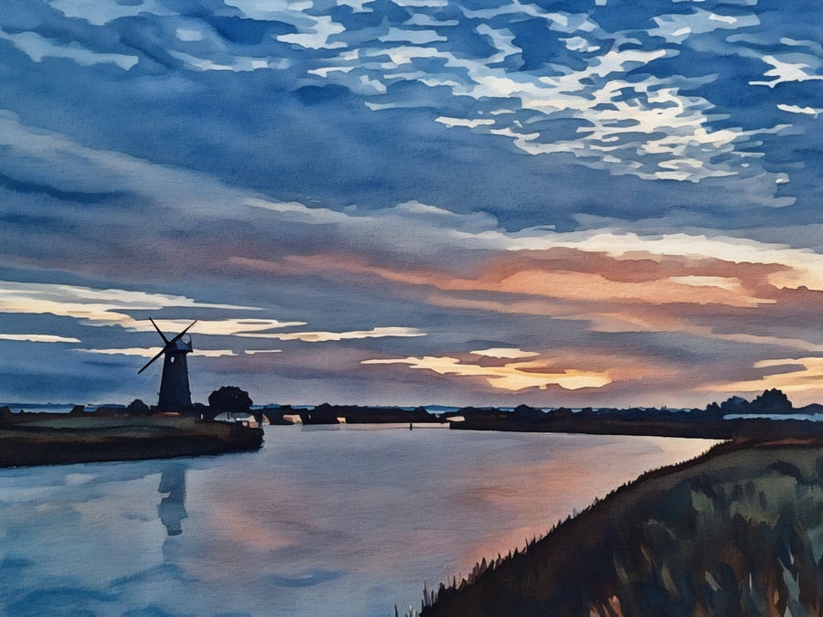 Print of Original Water Colour A4 Sunset On The Broads