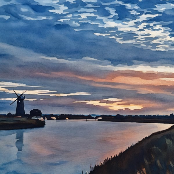 Print of Original Water Colour A4 Sunset On The Broads