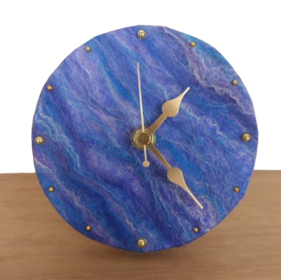 Nuno felted desktop clock, 12.5cm in blue shades