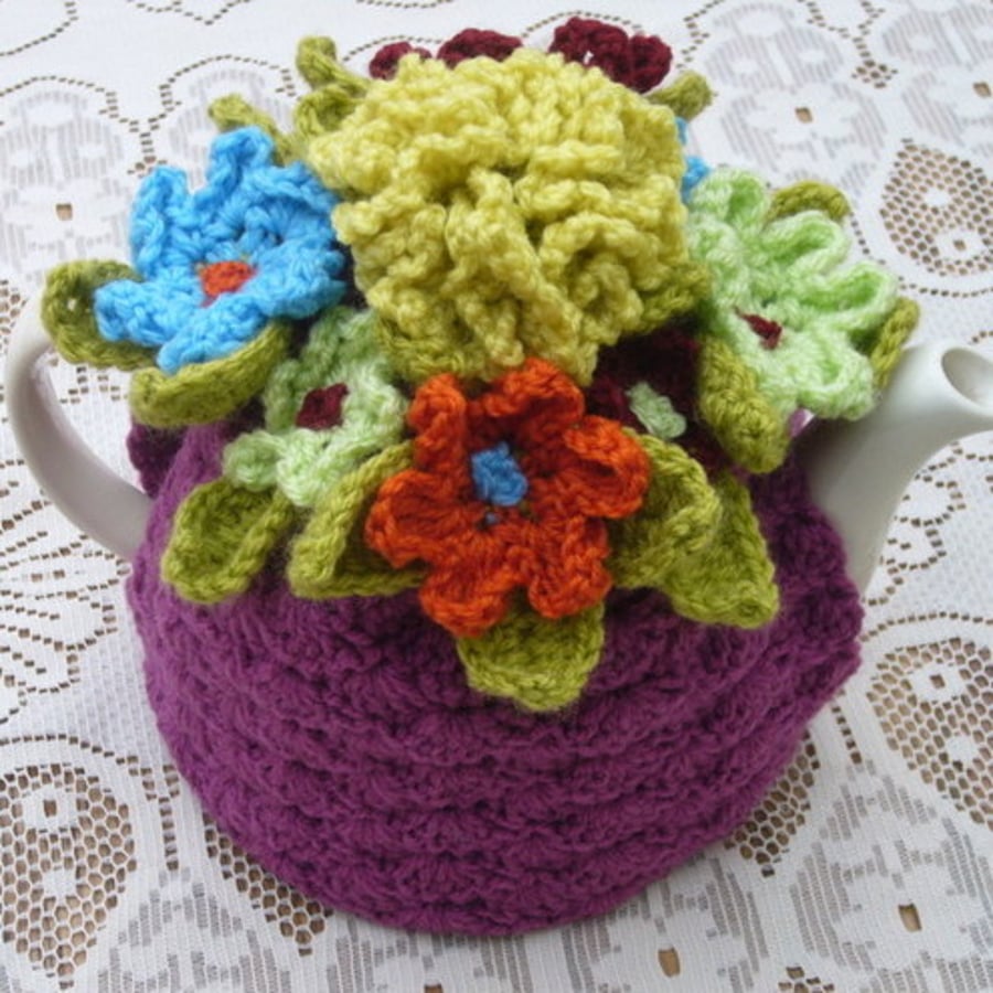 Crochet Tea Cosy/Cosie/Cozy - Plum with flowers (Made to order)