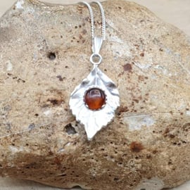 Amber Leaf pendant necklace. 925 sterling silver