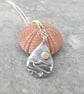 Silver beach, sea coast pendant, with brass sun and seagulls