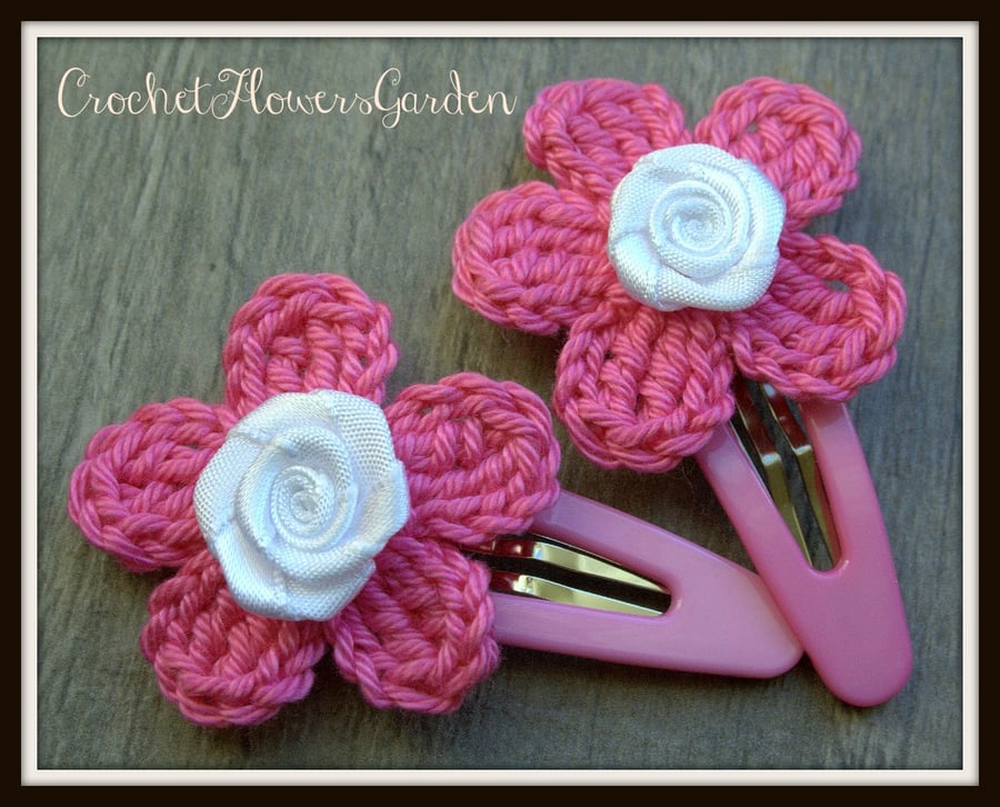 A pair of hair clips with crochet flowers coral PINK with white satin rose 