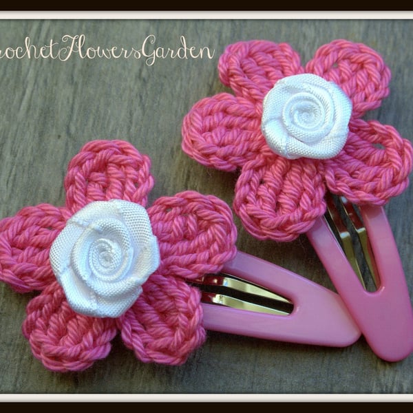 A pair of hair clips with crochet flowers coral PINK with white satin rose 