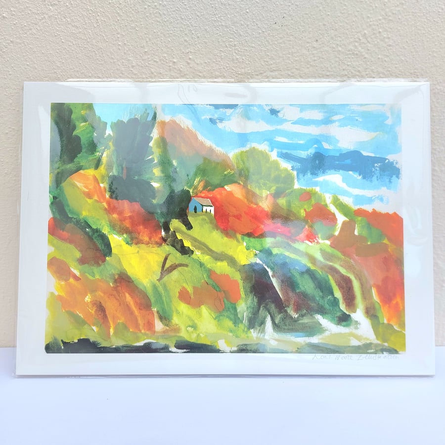 A4 Print Coastal house on a hill.