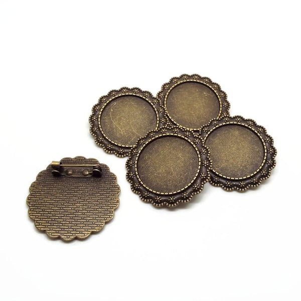 5 Scalloped Edge Brooches in Antique Bronze Tone with 25mm Round Bezel Setting