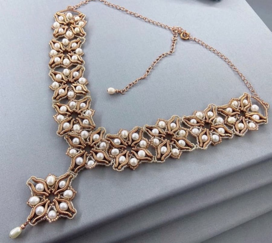 Ivory Cultured Pearl & Copper Vintage Style Bridal Necklace, Wedding Jewellery