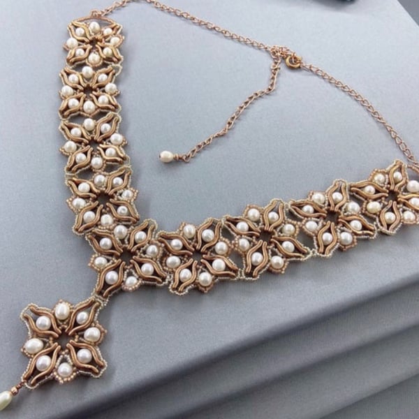 Ivory Cultured Pearl & Copper Vintage Style Bridal Necklace, Wedding Jewellery