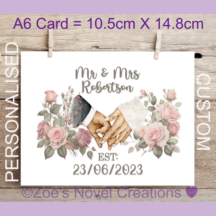 Wedding Hands Greetings Card, personalised,A6 10.5cm x 14.8cm
