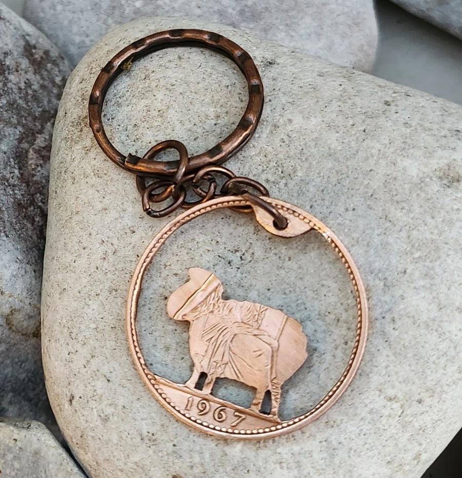 sheep keyring or bag charm recycled from a bronze penny coin