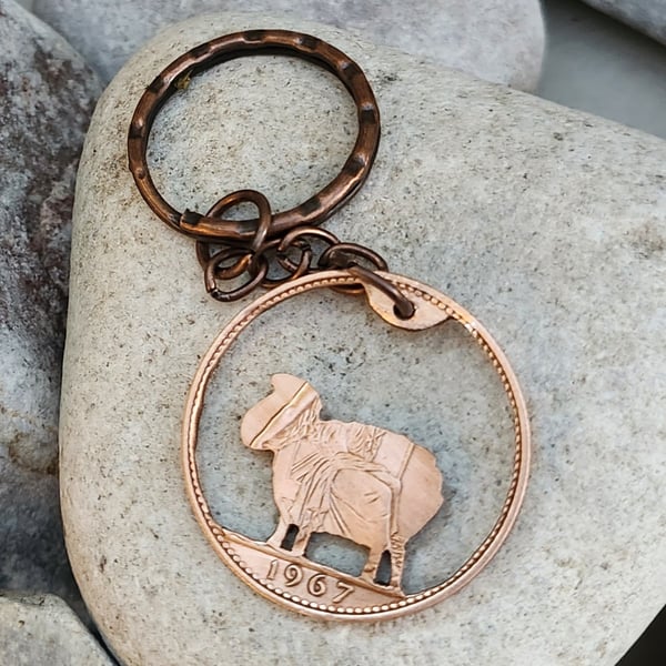 sheep keyring or bag charm recycled from a bronze penny coin