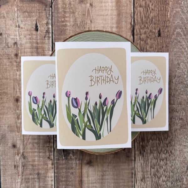 Happy Birthday, Modern Calligraphy, Tulips, Greeting Card,Floral Illustration