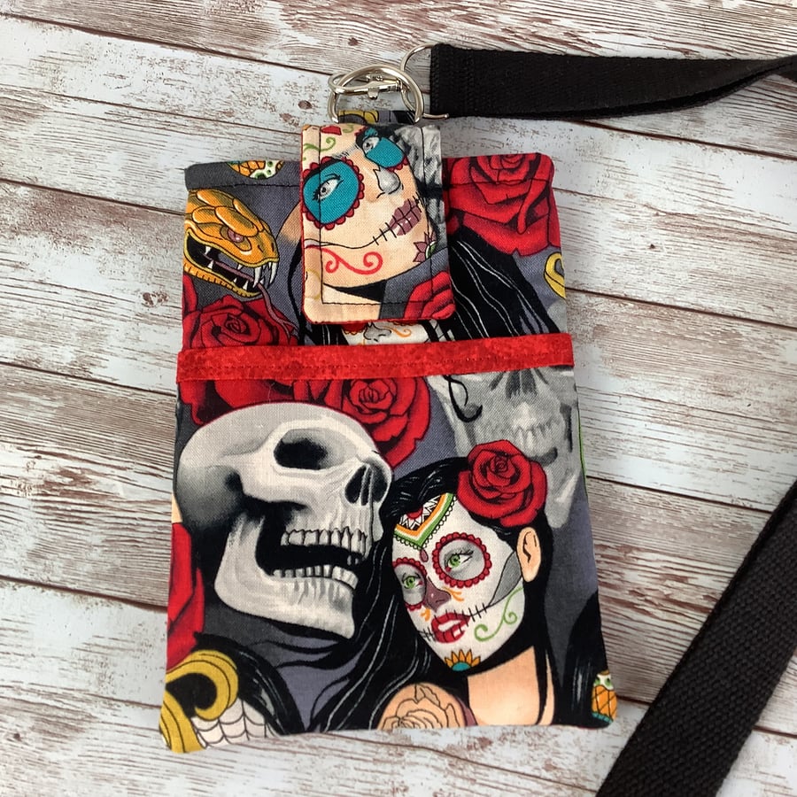 Day of the Dead Lanyard Pouch, Goth Phone, Glasses, Detachable lanyard, Handmade