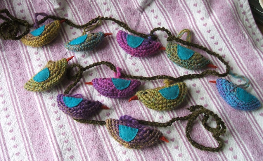 crocheted hanging bird garland, bunting - blue, purple, green