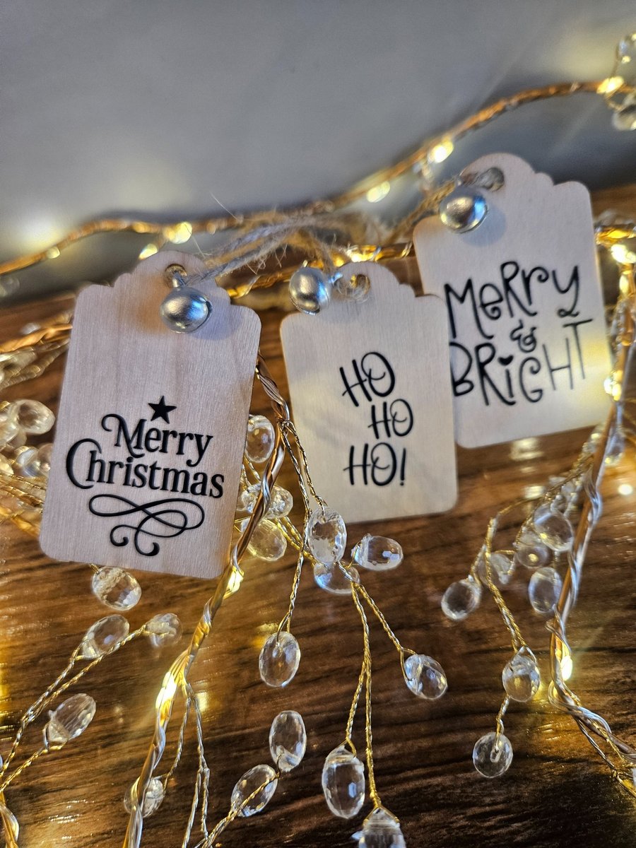 Set of 6 Wooden Christmas Gift Tags with Silver Jingle Bells - 