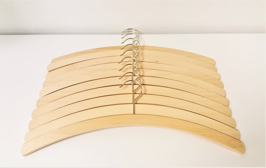 Unisex 42cm Waxed finish Beech wood Clothes hangers with metal hook, Set of 10.